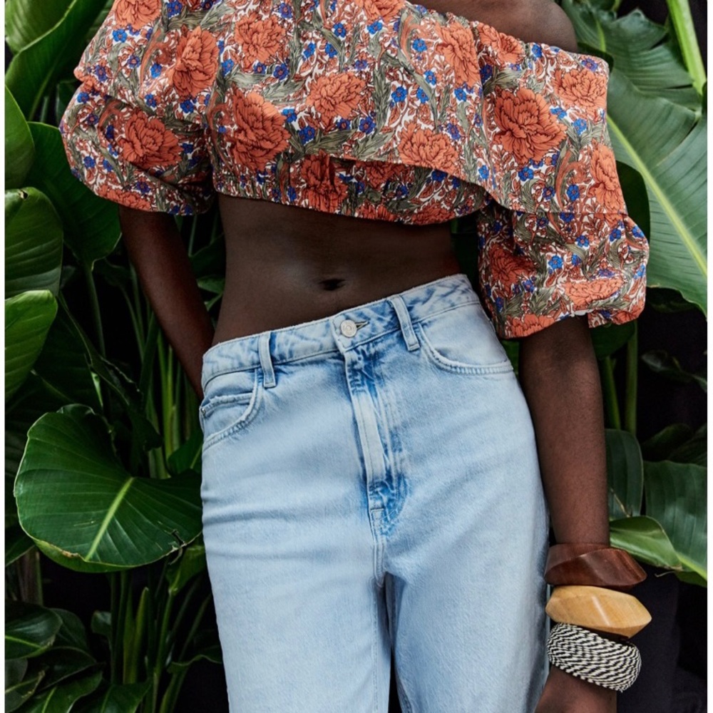 NWT-Zara printed poplin ruffle top. CROP TOP